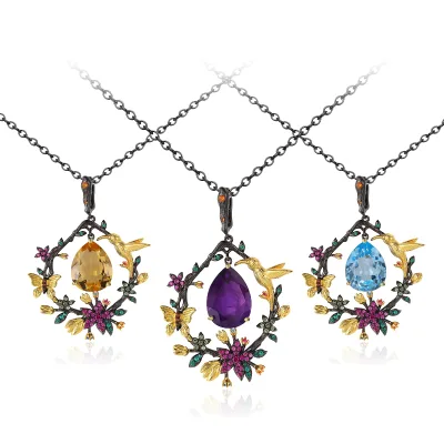 C8221 Abiding Forest-Style Garden Vintage Hummingbird & Butterfly Amethyst Citrine Sky Blue Topaz Pendant Necklace 925 Silver