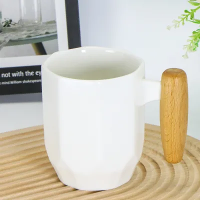 Custom Nordic Polygon Ceramic Coffee Mug Elegant Wooden Handle White for Home Office-for Corporate Gifts