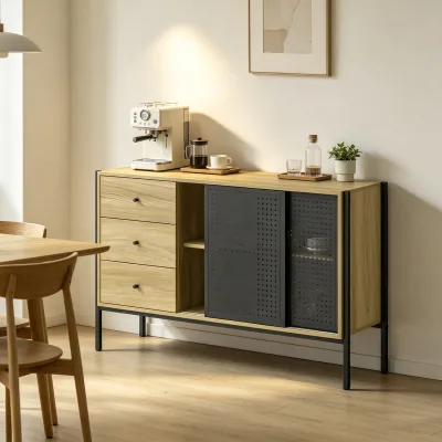 Industrial Buffet Cabinet Modern Wooden Storage Cabinet 3 Drawers Sliding Perforated Metal Doors Bedroom Living Room Sideboard