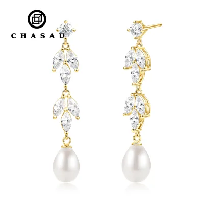 New Style Earring Wedding 4mm VVS D Color Mossanite Luxury 7-8mm Tear Drop Freshwater Pearl Flowers Leaf Drop Stud Earring