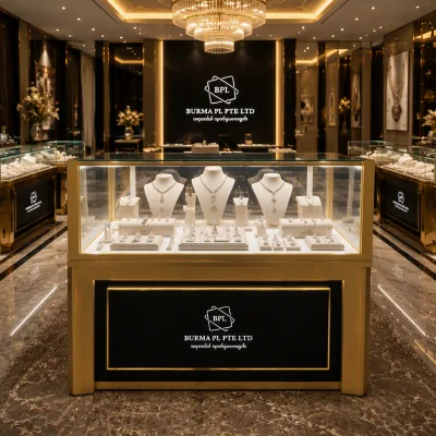 Luxury Jewelry Boutique Display Set Brushed Gold Frame Cases LED Lighting Custom Logo Panels for High-end Brand Store Interior