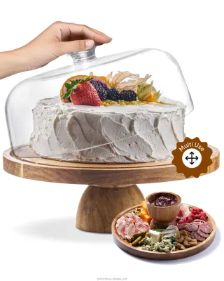 Acacia Wood Cake Stand with Lid Cake Holder, 2-in-1 Dessert Table Display Set Board for Cheese Chips & Dips Nachos Fruit Platter
