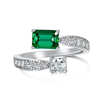 European and American Emerald Opening Adjustable Ring 925 Sterling Silver Zircon 925 Sterling Silver Gemstone Ring