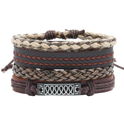 Vintage 4-piece Handmade Woven Leather Bracelet Retro Jewelry for Men Women