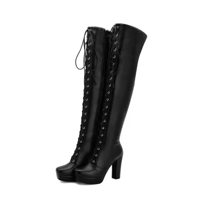 Larger Size Long Boot Women Safety Shoes Work Boots with Fur Lining Block Heels