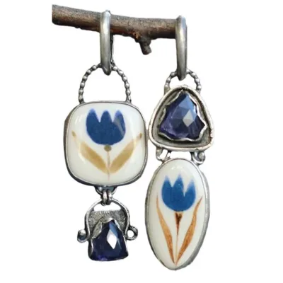 Enamel Retro Ethnic Flower Stone Earrings for Women Gift Boho Jewelry