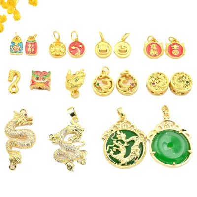 Ancient-Style Gold Droplet Oil Chinese-Style Dragon Zodiac Pendant, Chalcedony Micro-Inlaid Zircon Perforated Brac