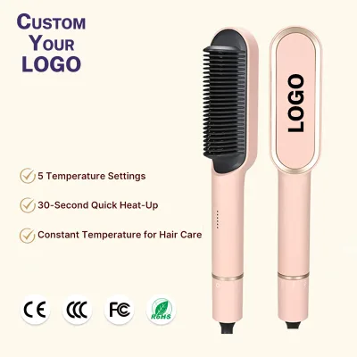 2-in-1 Hair Straightening Brush Ceramic Coated Comb Flat Iron Curler 5 Temperature Adjustable Fast Styling Travel Portable