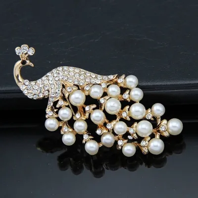 Large Size Crystal Rhinestones Beautiful Pearl Peacock Brooch Gold Silver Plated Colors Pearl Rhinestone Brooches