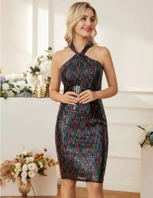 Sequin Dress Women's Sleeveless Glitter Halter Dress Skinny Mini Club Dress
