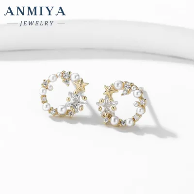 High Quality Round Garland Diamond Stud Earrings Star and Pearl 925 Sterling Silver Circle Zircon Earrings