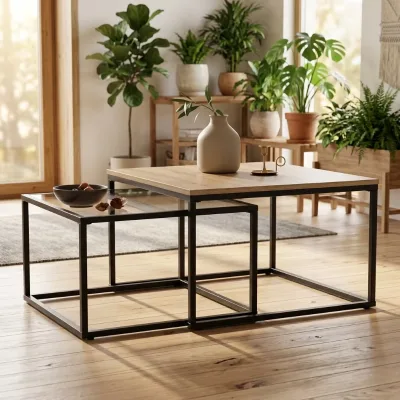 Industrial Nesting Coffee Tables Wood Tabletop & Clear Glass Black Metal Frame Space Saving Living Room