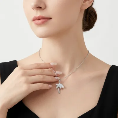 Wholesale Custom 925 Silver Micro Pave Vvs Gra Moissanite Summer Style Jewelry Fashion Palm Tree Pendant Necklace for Women