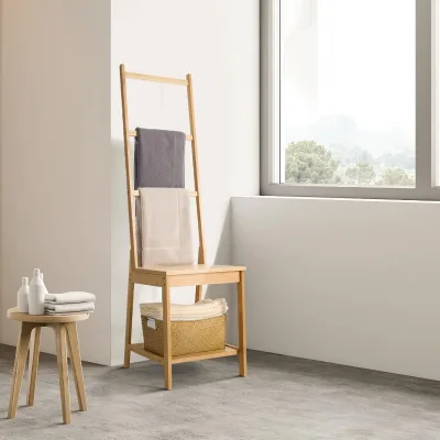 Bamboo Towel Rack Shower Stool Floor Rack Storage Modern Bench with Towel Rack Towel Holder Suitable for Bathrooms Bedroom