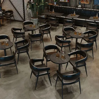 Black Industrial  Steel Dining Table with Leather Chairs Retro Antique Western Restaurant Set for Home Furniture Use