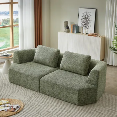 Textured Fabric Modular 2 Seater Sofa Modern Minimalist Square Arm Couch with Back Cushions for Living Room Furniture