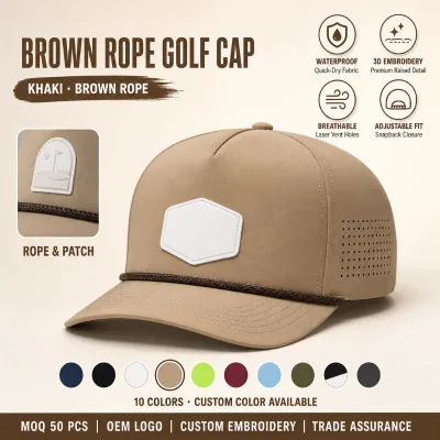 Vintage Golf Cap 5 Panel Custom Logo Khaki Brown Rope Silicone Patch Wholesale OEM