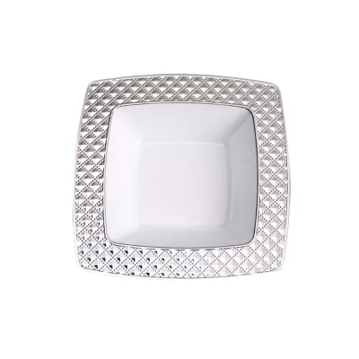 High Quality Disposable Diamond Trimmed White Plastic Square Bowl Environment-Friendly Wedding Use 10 Pieces/Pack