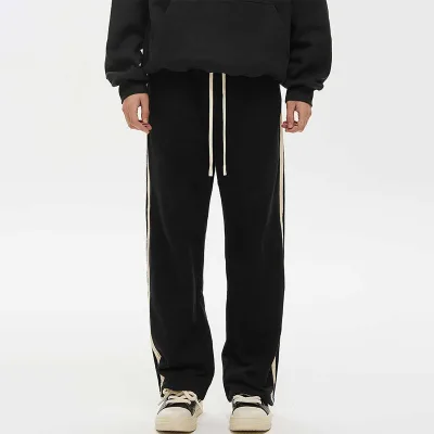 Custom Logo Drawstring Heavyweight Wide Leg Sweatpants Black Side Stripe Casual Straight Leg Sweatpants