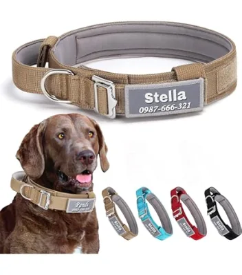 Personalized Engraved Nylon Soft Padded Tactical Dog Collar Handle Reflective Tag Name Number Patch with Quick Release Buckle