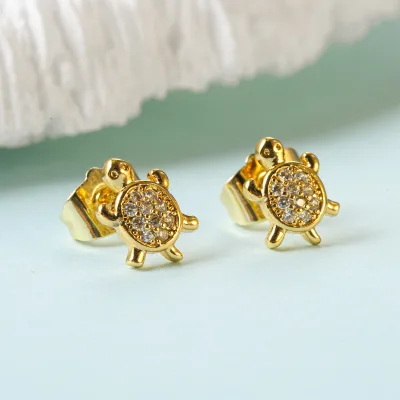 HanHan Lovely Jewelry Cubic Zirconia Brass Oro 18k Original Plated Sea Turtles Shape Animal Stud Earrings Jewellery for Women