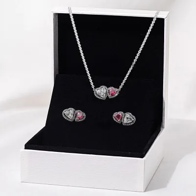 925 Silver Charm Favorite Necklace Earnail Set Heart to Heart Pendant Delicate and Beautiful Qixi Gift