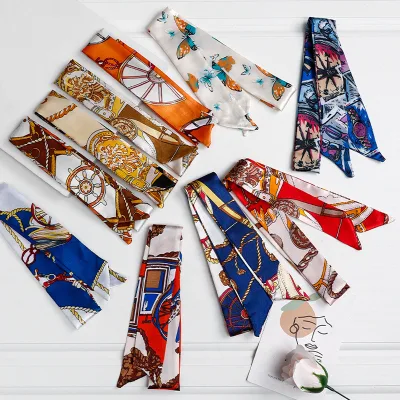 Premium Silk Satin Narrow Ribbon Scarf with Vibrant Paisley and Polka Dot Designs for Womens Shoulder Bag Decor