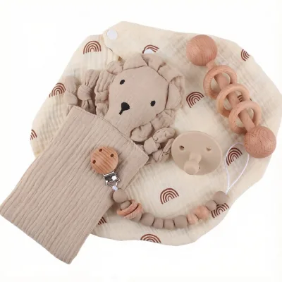 Newborn Gift Set Food Grade Silicone BPA Free Chewable Teething Toy Beech Wood Baby Pacifier Clip and Baby Soothing Towel