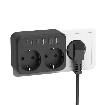 CE Certified 3 AC 2 USB-C 1 USB-A EU Wall Power Strip 3500W Schuko Socket Extender with Fast Charging 17W (White/Black)