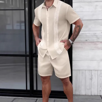New Men's Lace Trim Spliced Hollow Out Lapel Short Sleeve Shirt & Shorts 2 Piece Set Suitable for Beach Outings