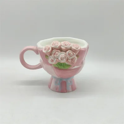 Creative Rose Flower mug , Bouquet Flower mug pink ceramic 3D coffee mug ,hand made hand painted Ceramic mug for coffee milk