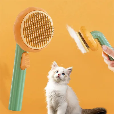 KWS Hot Selling Eco-Friendly Stainless Steel Shedding Massage Bath Slicker Self Cleaning Comb Grooming Hair Remover Pumpkin Dog