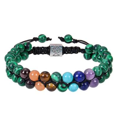 Hot Sale 6mm Malachite Double Woven Bracelet Double Row Colorful Stone Tree of Life Charm Fashion Bracelet
