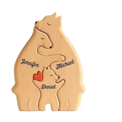 Wowei Wholesale Personalized Bear Family Heart-Shaped Solid Wooden Puzzle Toy Ornament Decoration Mother Day Gift