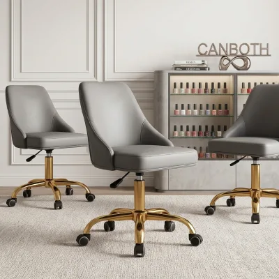 Modern Beige Nail Salon Swivel Technician Chair Comfortable Rolling Task Chair White Base Soft Plush Upholstered Ergonomic Chair