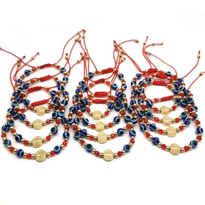 Religious Gold Plating Alloy Handmade Bracelets to Protection Given As Gifts 0.9CM Saint Benedict and Resin Eyes Woven Bracelets