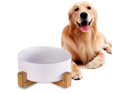 Ceramic Dog Bowls with Wood Stand, Dog Water Bowls and Food Dish, Heavy Weighted or No Tip Over Dog Comfort Food Bowls Stoneware
