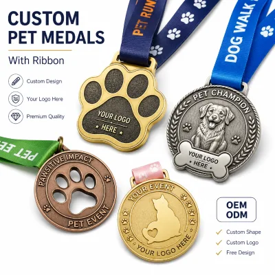 Custom Pet Medals With Ribbon Paw Shape Metal Award Medals With Logo for Dog Walk Pet Show and Animal Events