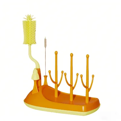 Silicone Long-Handled Baby Bottle Cleaning Brush with Nipple & Straw Brush Draining Rack Plastic Hang Tag for Kitchen Use