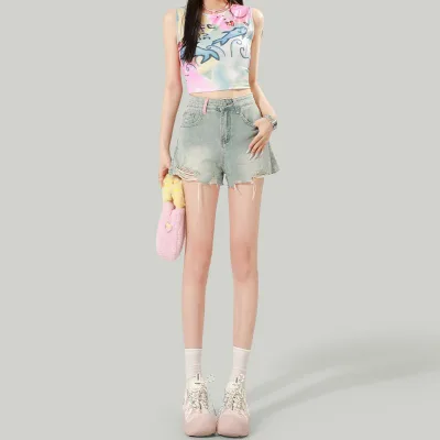 Women's Casual Straight Denim Jean Shorts with Button Decoration and Embroidered Loose Fit Wholesale Clothing for Summer Arrival