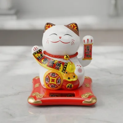 New Arrival 5'' Ceramic Solar Waving Hand Lucky Cat Statue Mixed Designs Gift Box for Chinese New Year Business Opening Present