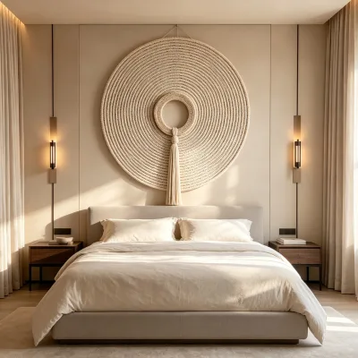 Natural Beige Coiled Rope Woven Bespoke Circular Macrame Wall Art Sculpture for Luxury Villa Bedroom