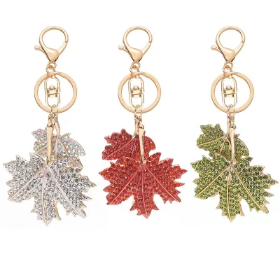 Fashion Shiny Rhinestone Double Maple Leaf Keychain Crystal Encrusted Plant Leaf Pendant Metal Lobster Clasp Metal Keyring