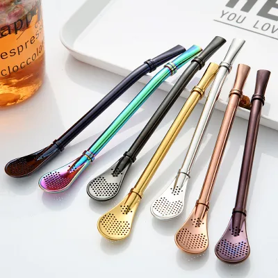 304 Scented Tea Filter Straw Spoon, Creative Gold Mate Stainless Steel Straw Mixing Spoon