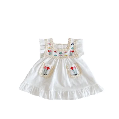 Fashion Design Embroidered Flower Baby Girl Ruffles Flying Sleeve Princess Dress Sleeveless Sundress