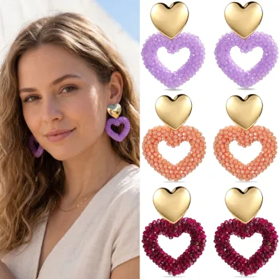 Handmade Heart Shaped Drop Earrings Colored Faceted Crystal Beads Hand-Knotted Dangle Earrings for Women Fashion Jewelry Gifts