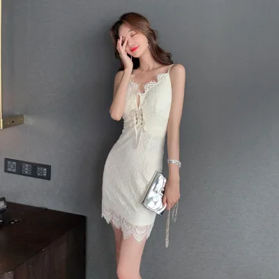 2021 Ladies Hollow Out Sexy White Lace Tie Shoulder Slim Elegant Party Dress Women