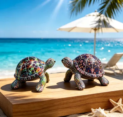 Custom Wholesale Water Transfer Printing Resin Sea Turtle Figurine Colorful Mosaic Pattern Tortoise Home Decor Crafts Ornament