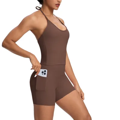 Cross-border Solid-color Brushed-back Tight Bandeau Halter-neck Pocket Yoga Suit, Sports Running Shorts Two-piece Set