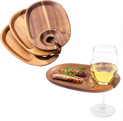 Eco-Friendly Wine Appetizer Plates Acacia Wood Cheese Boards Built-in Glass Holder Country Style Cocktail Charcuterie Serving